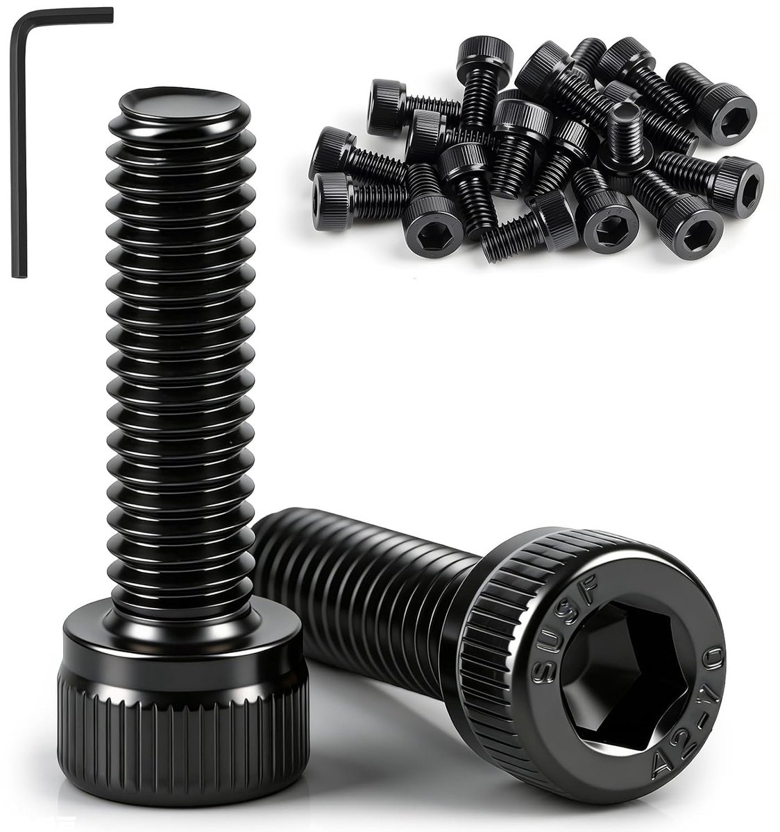x 8 mm cilinderschroeven met binnenzeskant, zwart, roestvrij staal, A2 V2A cilinderkopschroeven, DIN 912 schroeven, volledige schroefdraad met moersleutel voor automobielmachines en