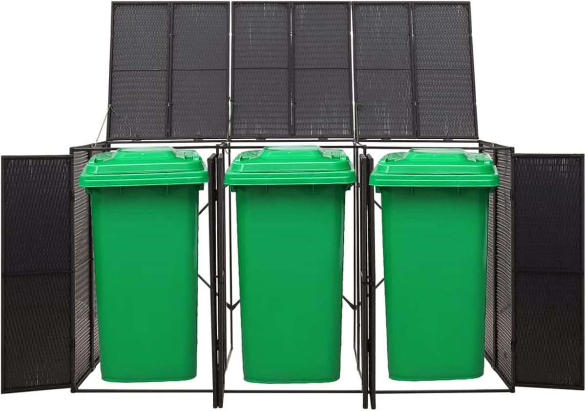 Vuilniscontainerbox voor 3 containers, afvalcontainer, afvalcontainer, apparaatbox, zwart, 207 x 80 x 117 cm, polyrotan