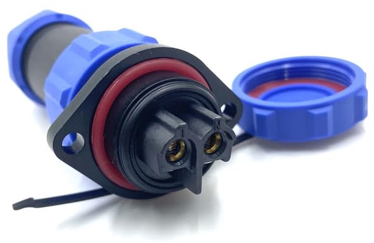 Luchtvaartstekker, SP21, 2-polig, soldeervrije 2 gaten flens, IP68 waterdichte en stofdichte luchtvaartstekker voor buitenlampen, 500 V, 30 A (12 AWG kabel met schroefkrimp)