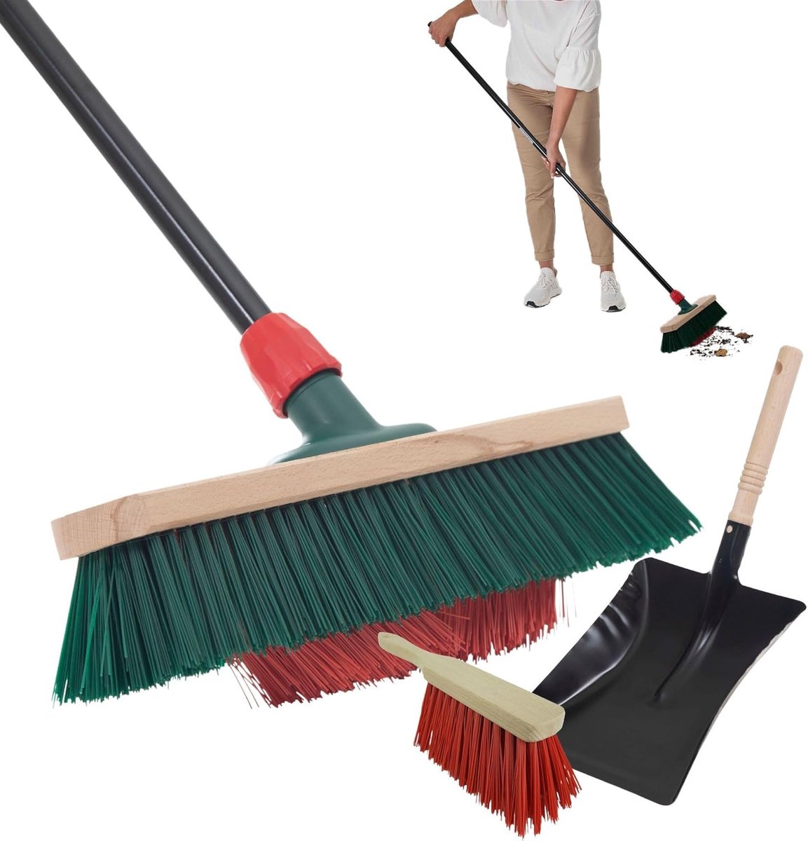 Tuinbezem met steel V-borstelharen 40 cm elaston borstelharen incl. veeggarnituur verzinkt met rubberen lip bestaande uit veegplaat & handveger terrasbezem tuinbezem stalbezem outdoor Broom