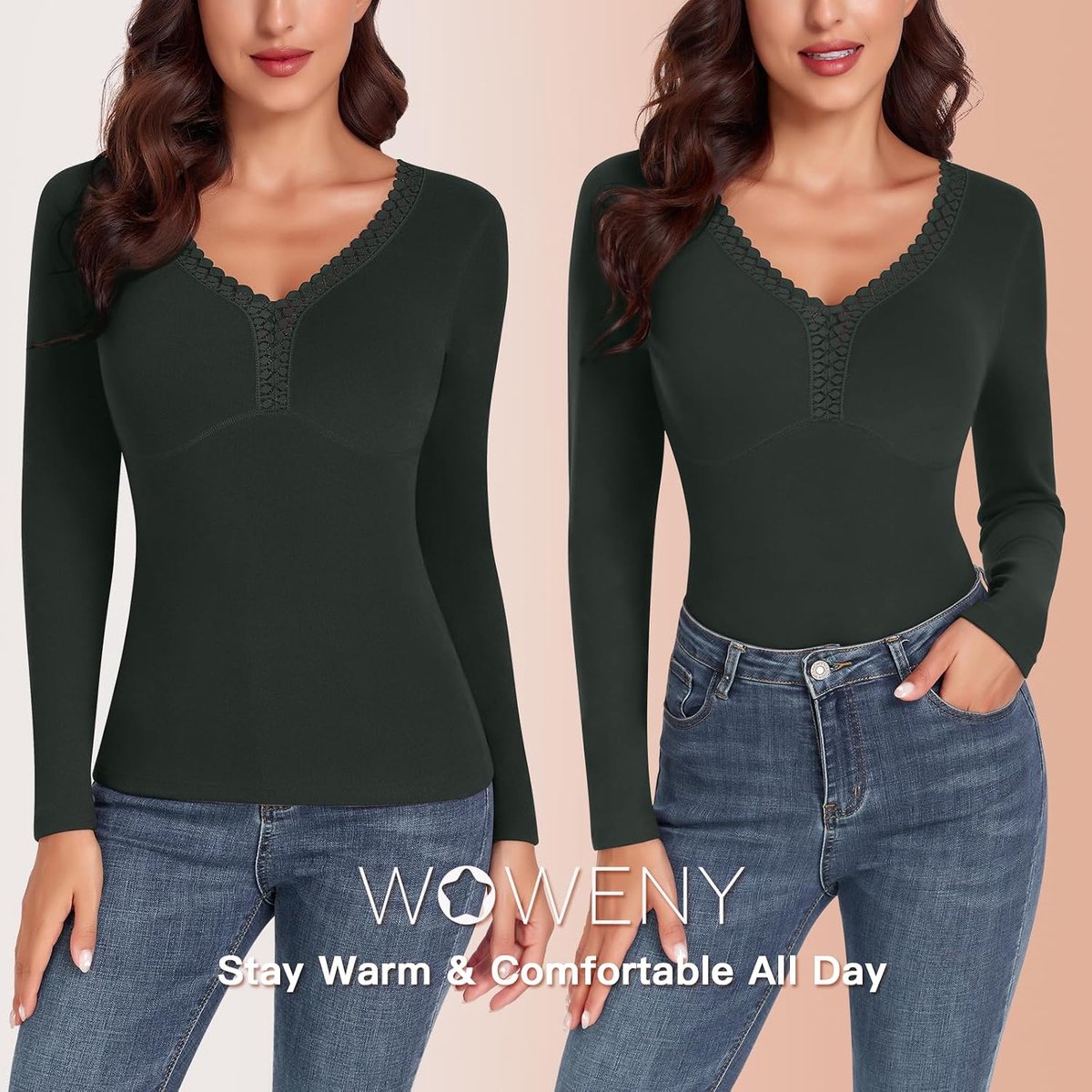 Damestop Thermo lange mouwen winter lange mouwen thermohemd met kant V-hals warm onderhemd elegant shirt T-shirts,