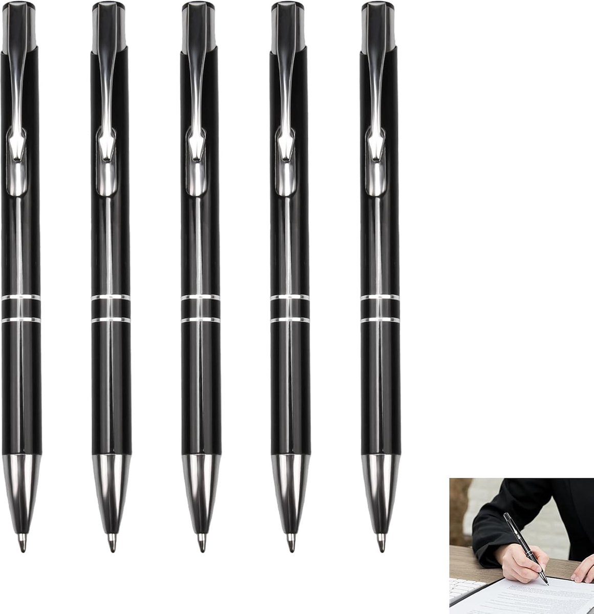 Set van 5 metalen balpennen - zwarte inkt - ergonomische handgreep - comfortabel schrijven voor kantoor - SnelShoppen