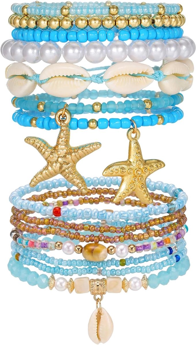 Strandarmbanden set van 14 - stapelbaar - schelpen en kralen - perfect voor vakantie - SnelShoppen