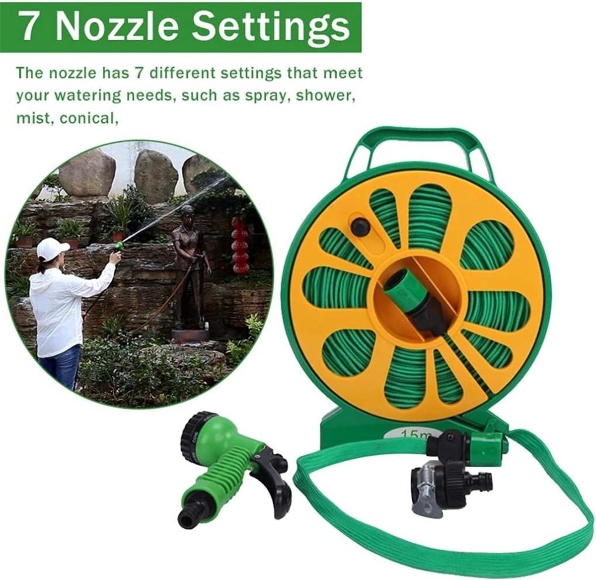 Tuinslang Kit - Uitbreidbare slang - Tuin Bewateren - Met 7 Sproeikoppen - 15 meter - Groen – foto 6