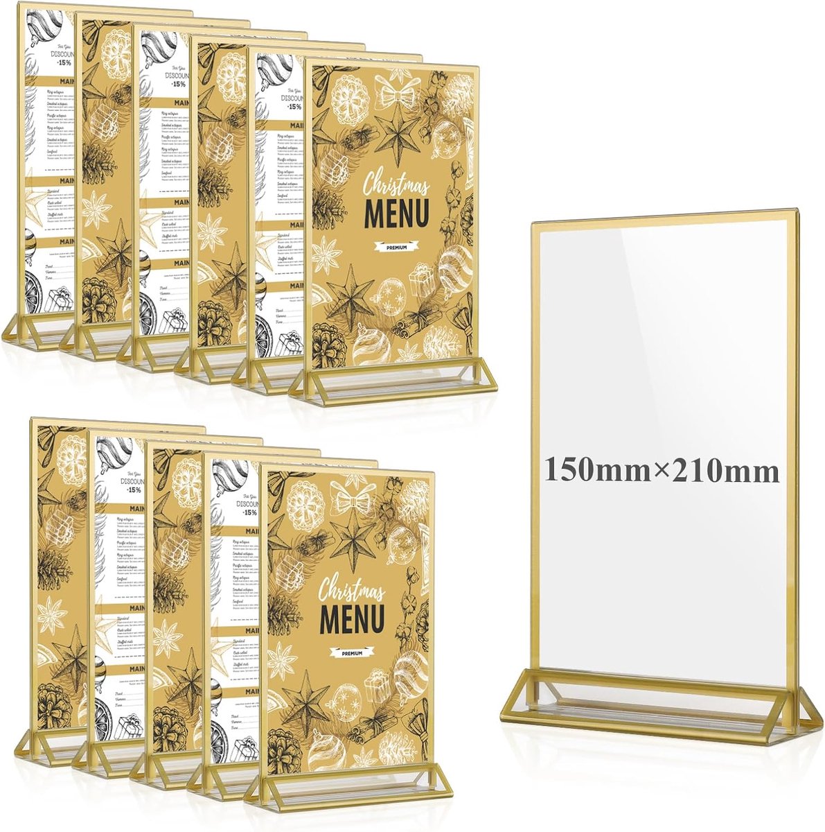 Acryl tafelstandaard A5 - goudkleurige dubbele fotohouder - transparant voor menu en advertentie - set van 12 - SnelShoppen