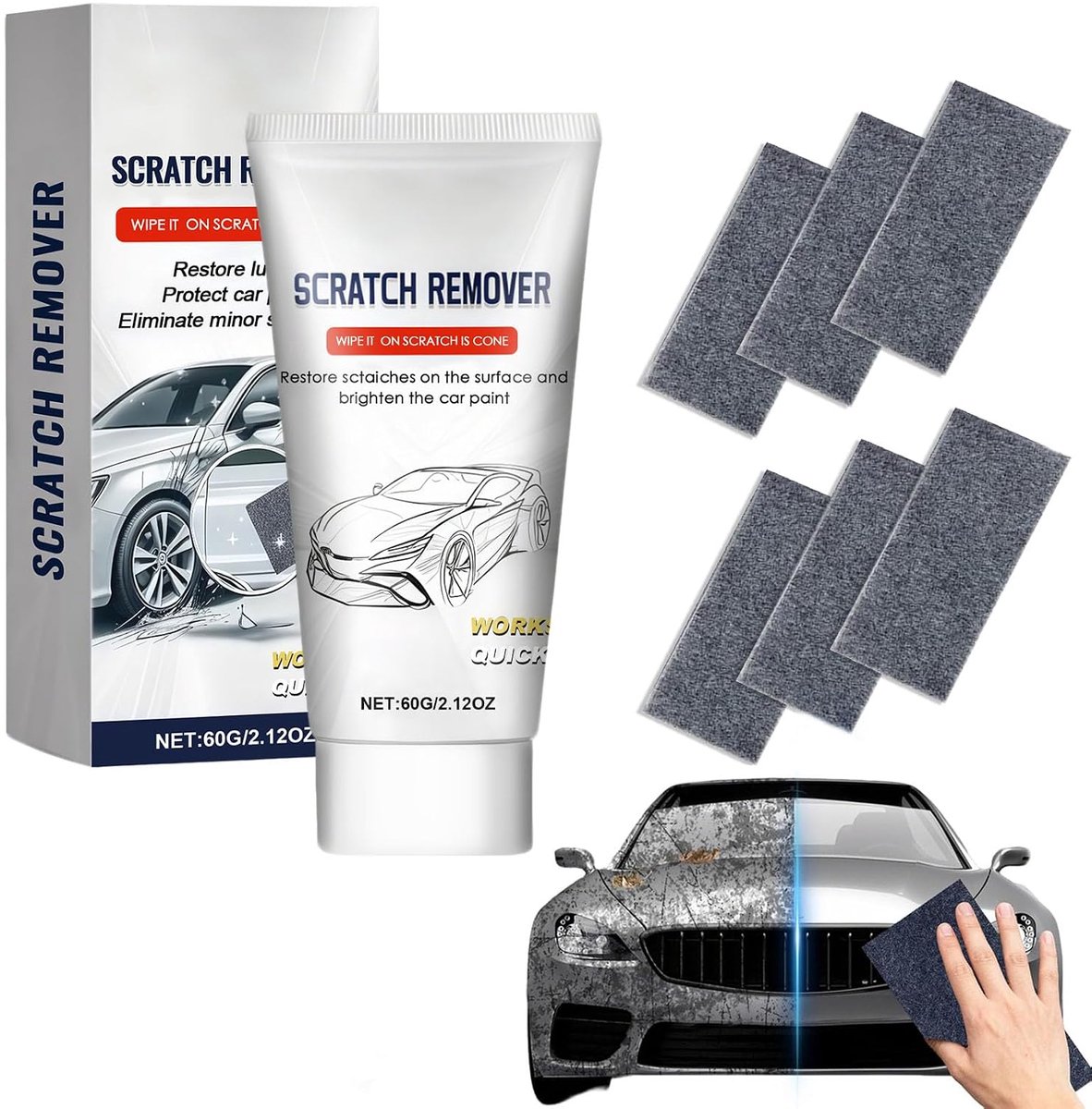 New Car Scratches Repair Kit with Nano Cloth, Car Scratches Remover and Polisher,60g Paste + 6 Cloths, Quick Polishing - ShopVlot