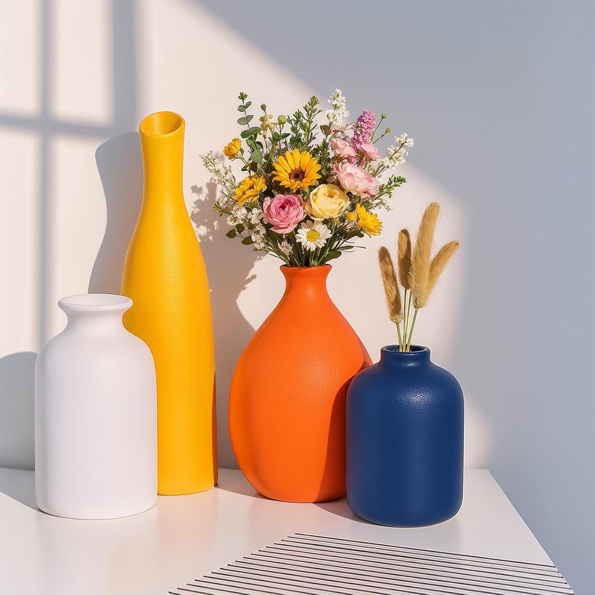 Multi-Color Ceramic Small Button Vases Set of 4, White Yellow Orange Blue Vase, Modern Minimalism Style Vases for - ShopVlot