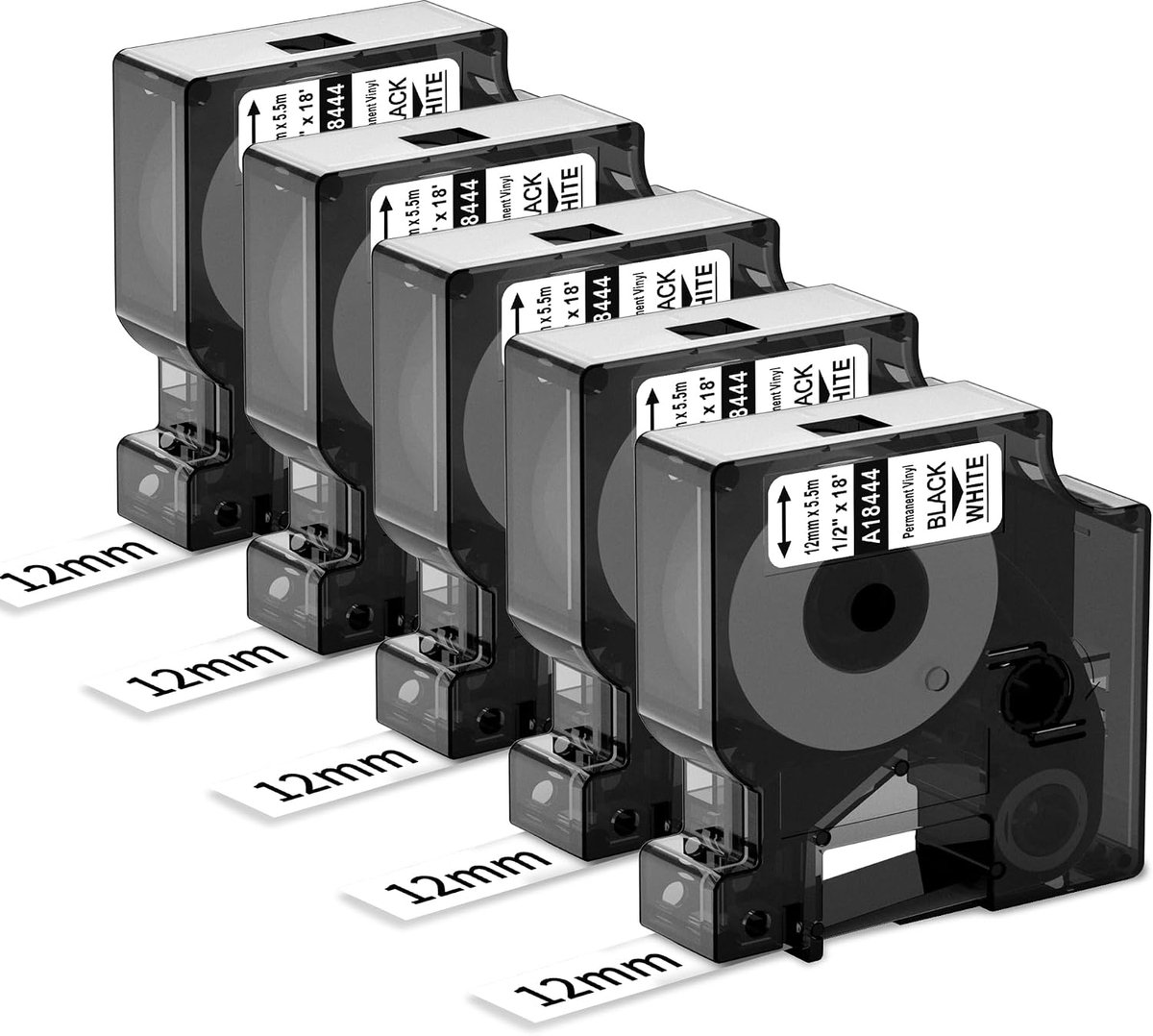 5x 18444 Industrial Vinyl Labels Compatible with Dymo Rhino Industrial Vinyl Labels, 12mm x 5.5m, Black on White - ShopVlot