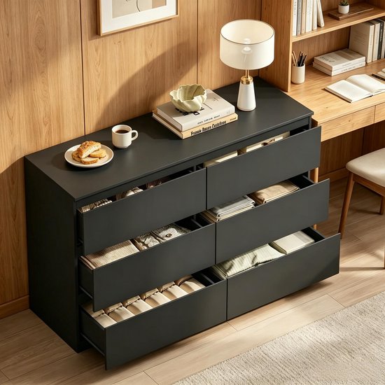 OKWISH Ladekast - 6 Greeploze Lades - Voor Slaapkamer, Woonkamer En Hal - Zwart Bewerkt Hout - Met Kantelbeveiliging - 120 Cm Breed — afbeelding 2