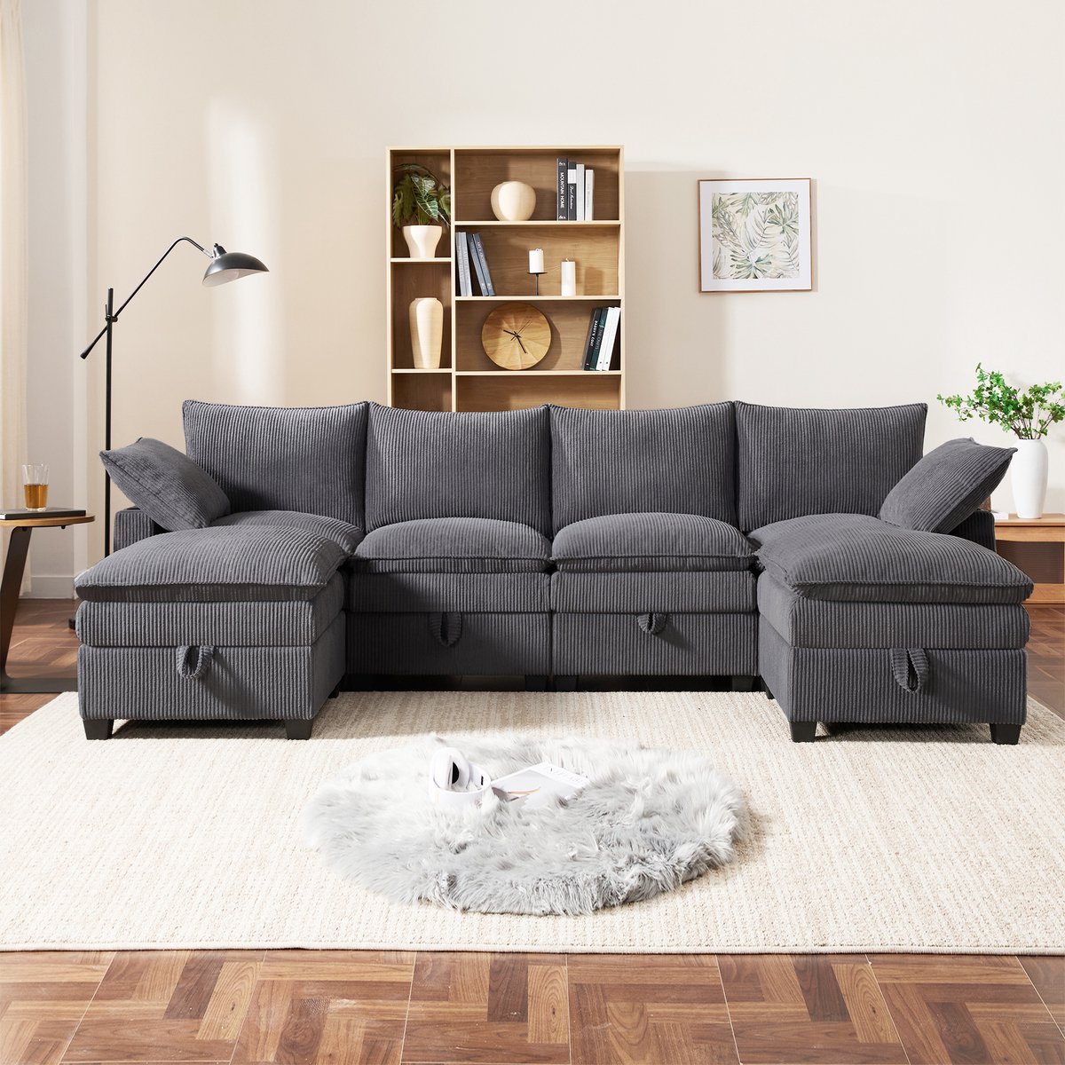 MEUNIQ U-bank 280 x 152 x 83 cm met opbergruimte, USB-aansluitingen, bekerhouders en afneembare voetenbanken voor de woonkamer, grijs