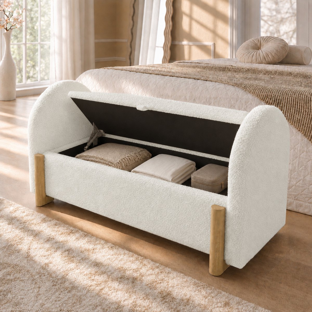 OKWISH Bedbank 106 Cm Met Opbergruimte - Chenille Boucle - Met Gasveer En Soft Close - Voor Slaapkamer En Hal - Hout - Wit
