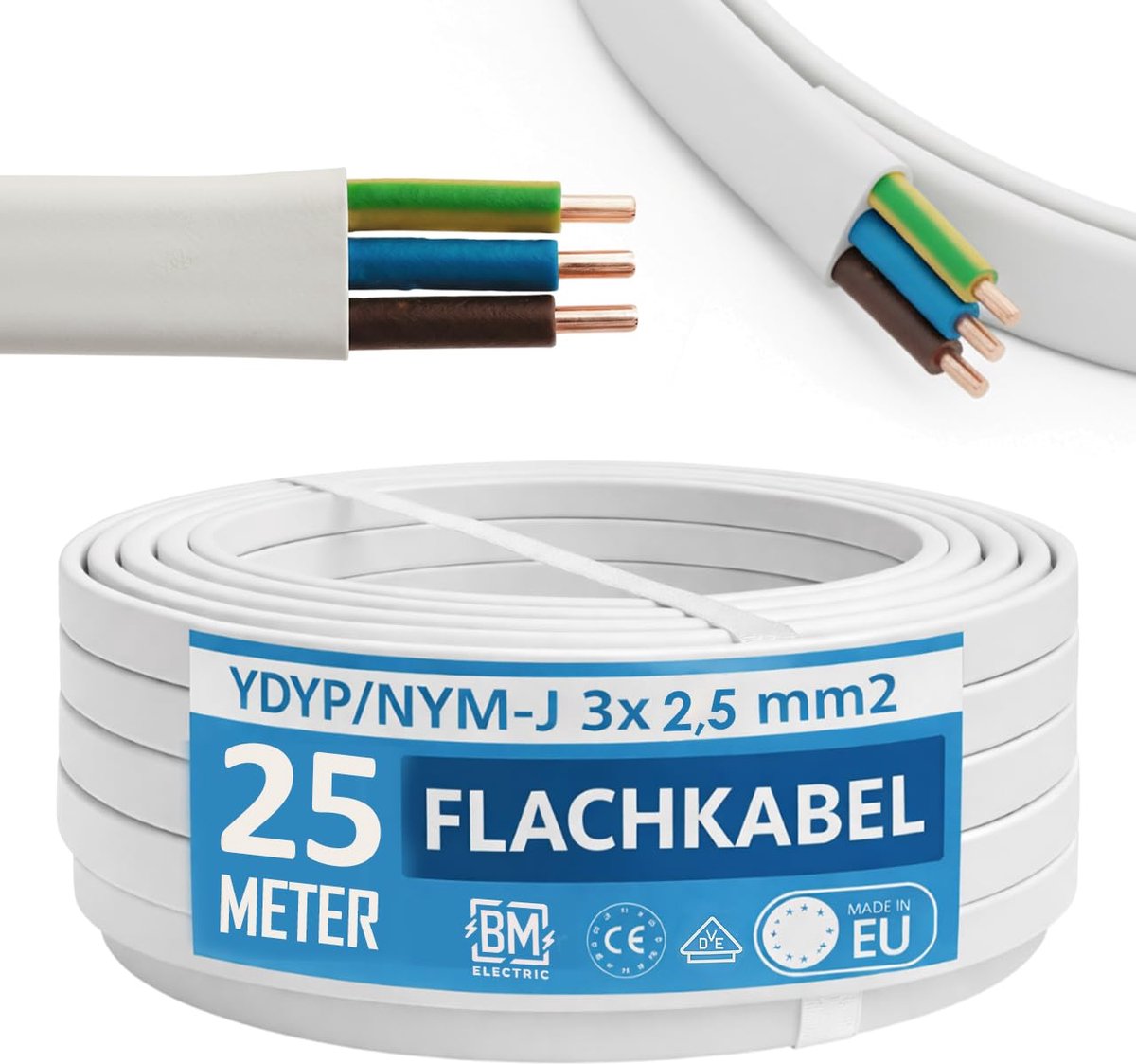 Kabel 3 x 2.5 mm² - YDYp vlakke kabel - 25 m lengte - ideaal voor vochtige ruimtes - ShopVlot