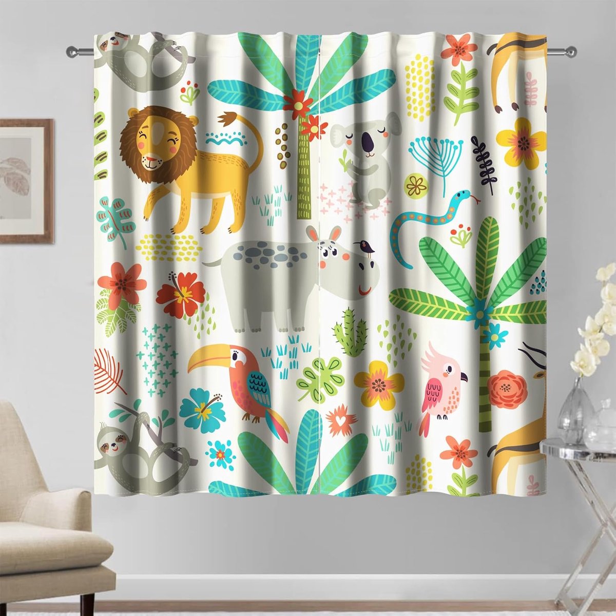 Kindergordijnen 107x160 cm - Tropisch jungle dierenprint - Vrolijke kleuren - Perfect voor kinderkamer - ShopVlot
