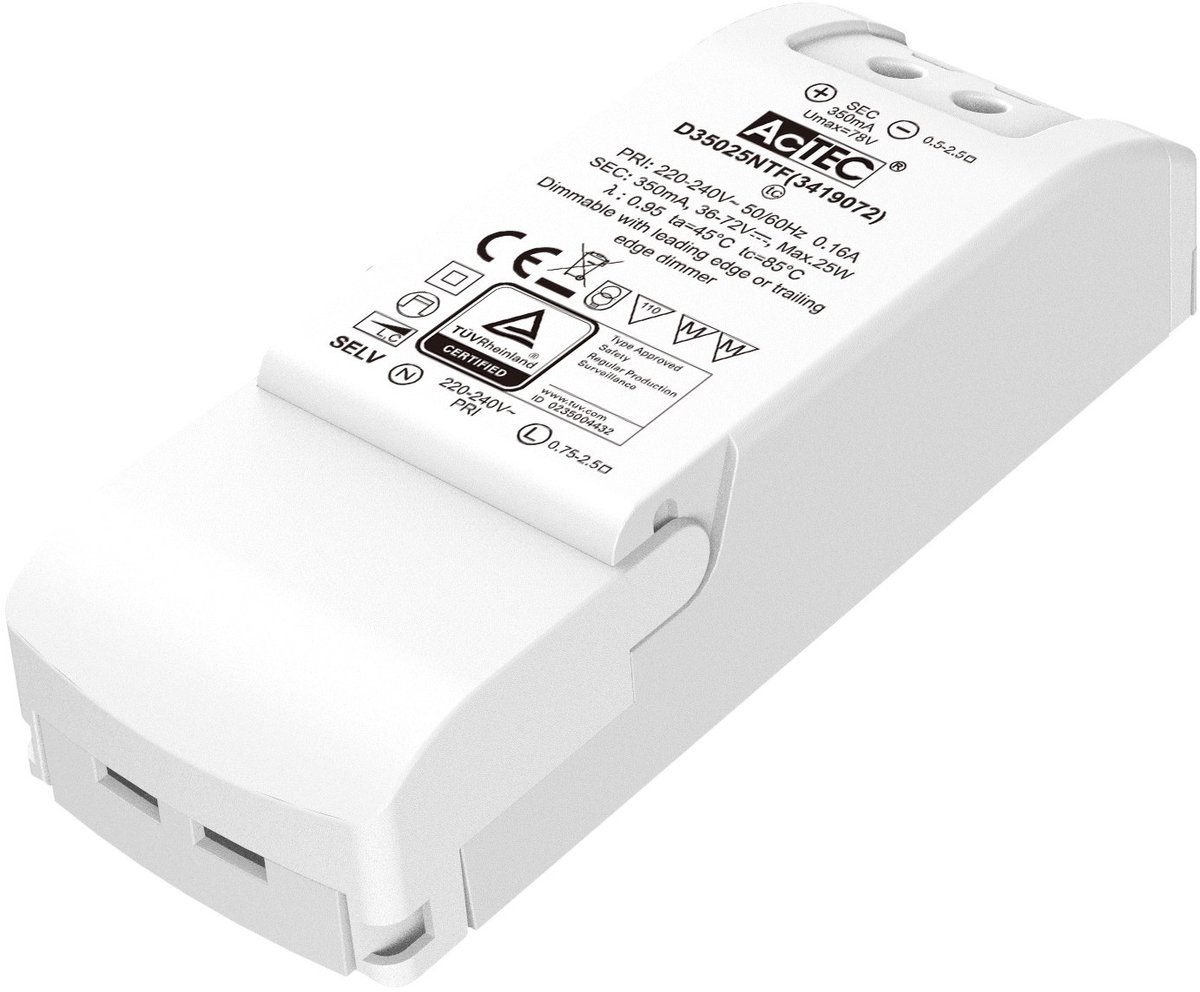 LED-driver, triac dimbaar, 25 Watt, 350mA constante stroom, 220-240V AC, voor dimbare LED-armaturen