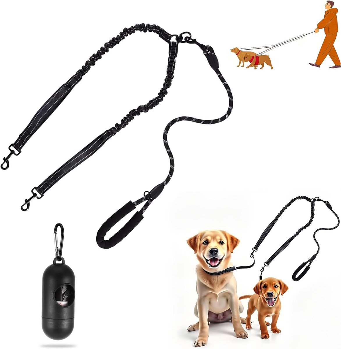 Hondenlijn 1,5 m - Robuuste nylon dubbele hondenlijn - Voor 2 honden tot 15 kg - Ideaal voor training en wandelingen - SnelShoppen