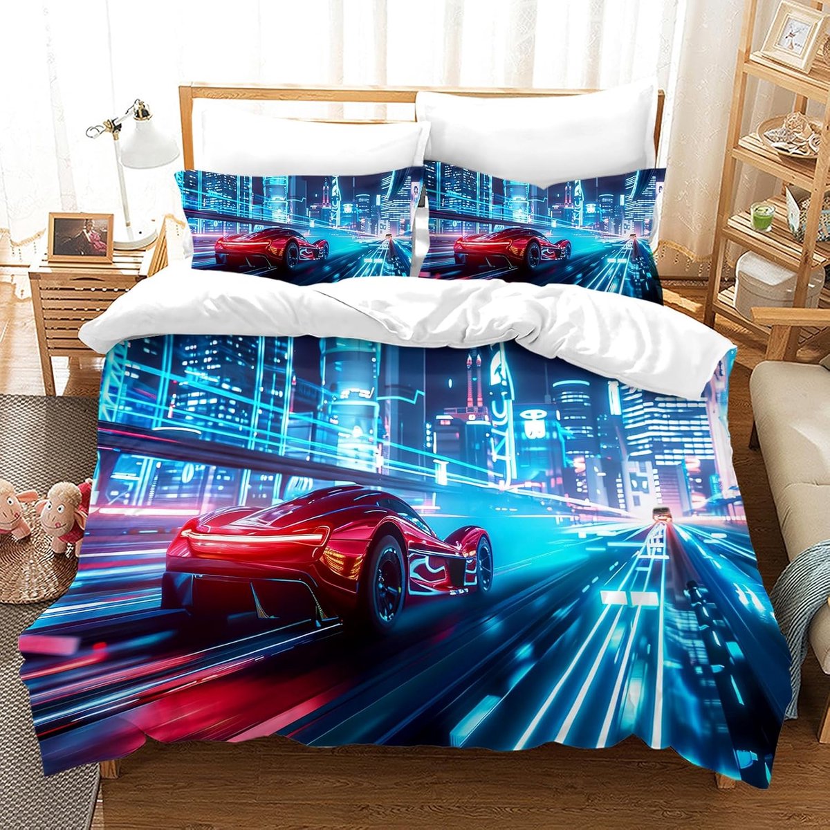 Bettenset Racesport Jongens 135 x 200 cm - Sportauto Themapatroon - Inclusief 2 Kussenslopen - SnelShoppen