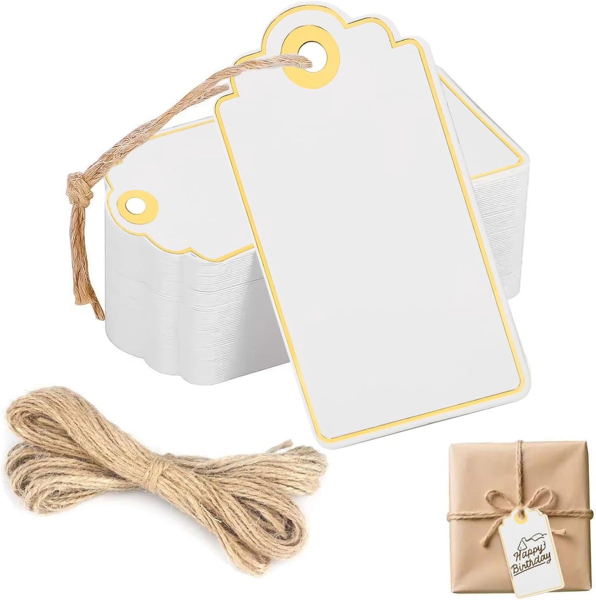 Geschenk Labels Set - 100 Witte Labels 3.5x2.18 inch - Met Jute Touw - Perfect voor Cadeaus - SnelShoppen