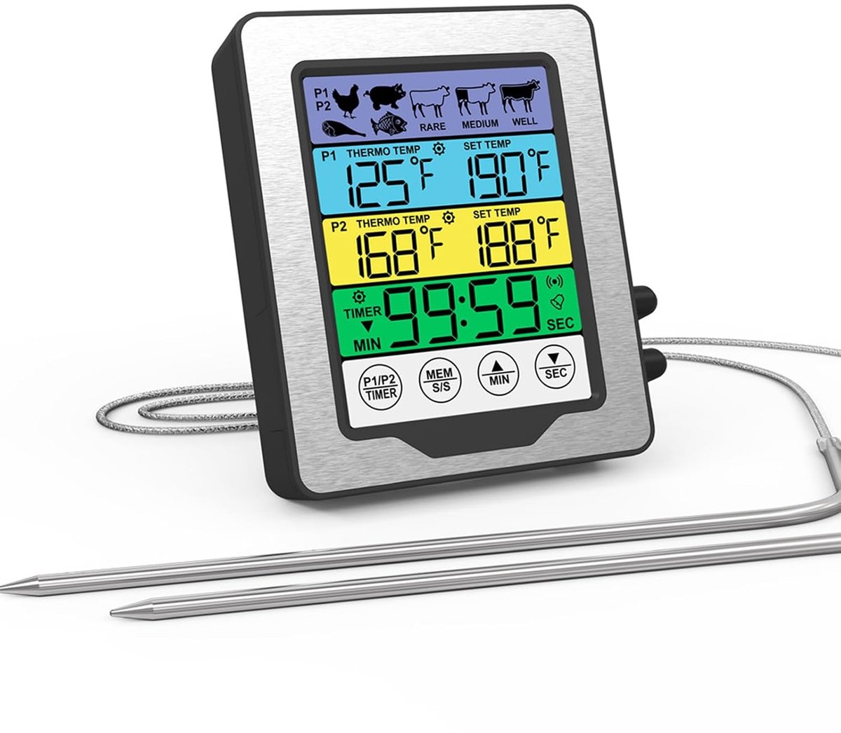 Digitale thermometer met 2 temperatuursensoren - groot kleurenscherm - timer en alarm - perfect voor vlees - SnelShoppen