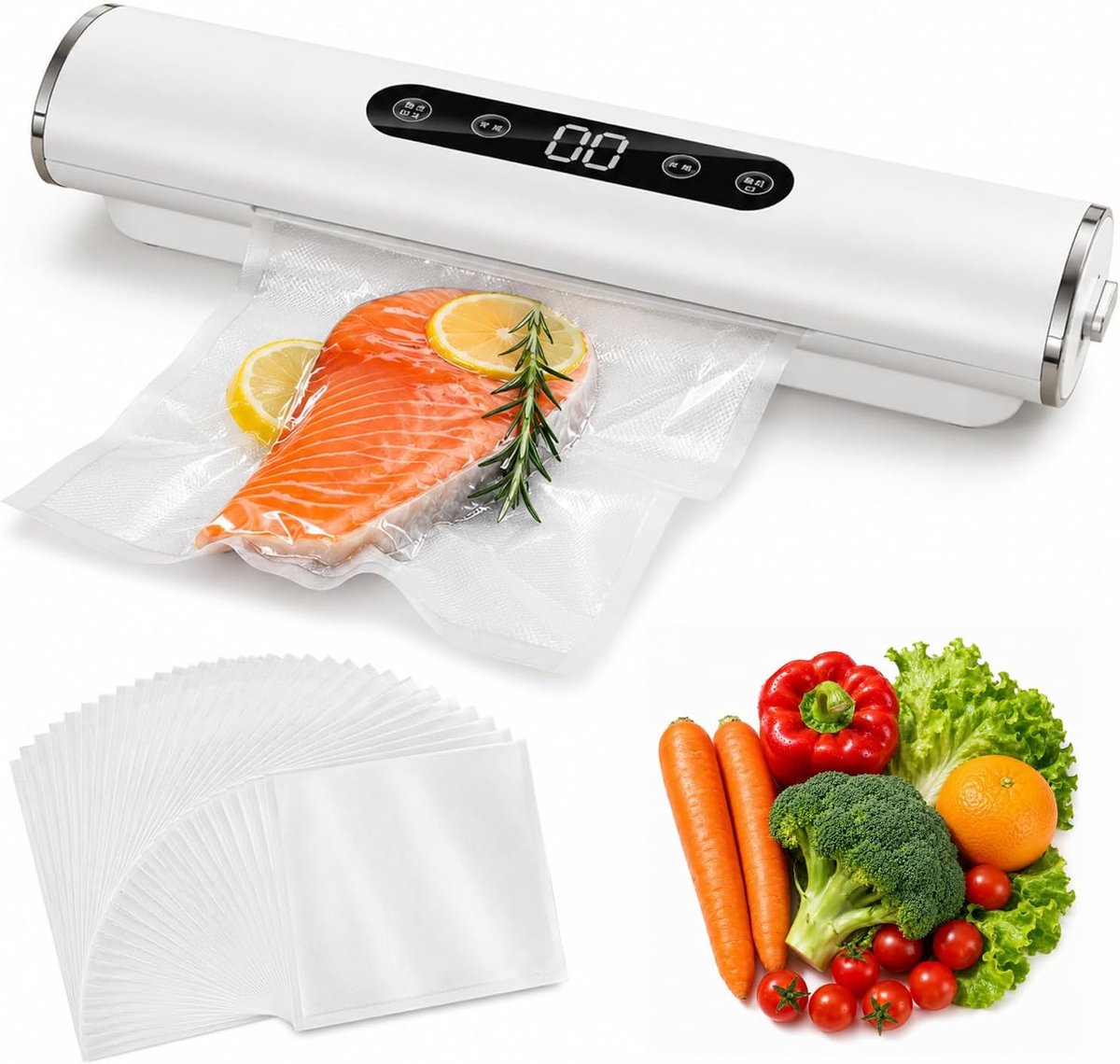 Vacuümapparaat voor levensmiddelen met 20 zakken, 62 kPA, folielasapparaat, volautomatisch, inlasapparaat voor droog en vocht, compact voor keuken en vrieszakken, wit