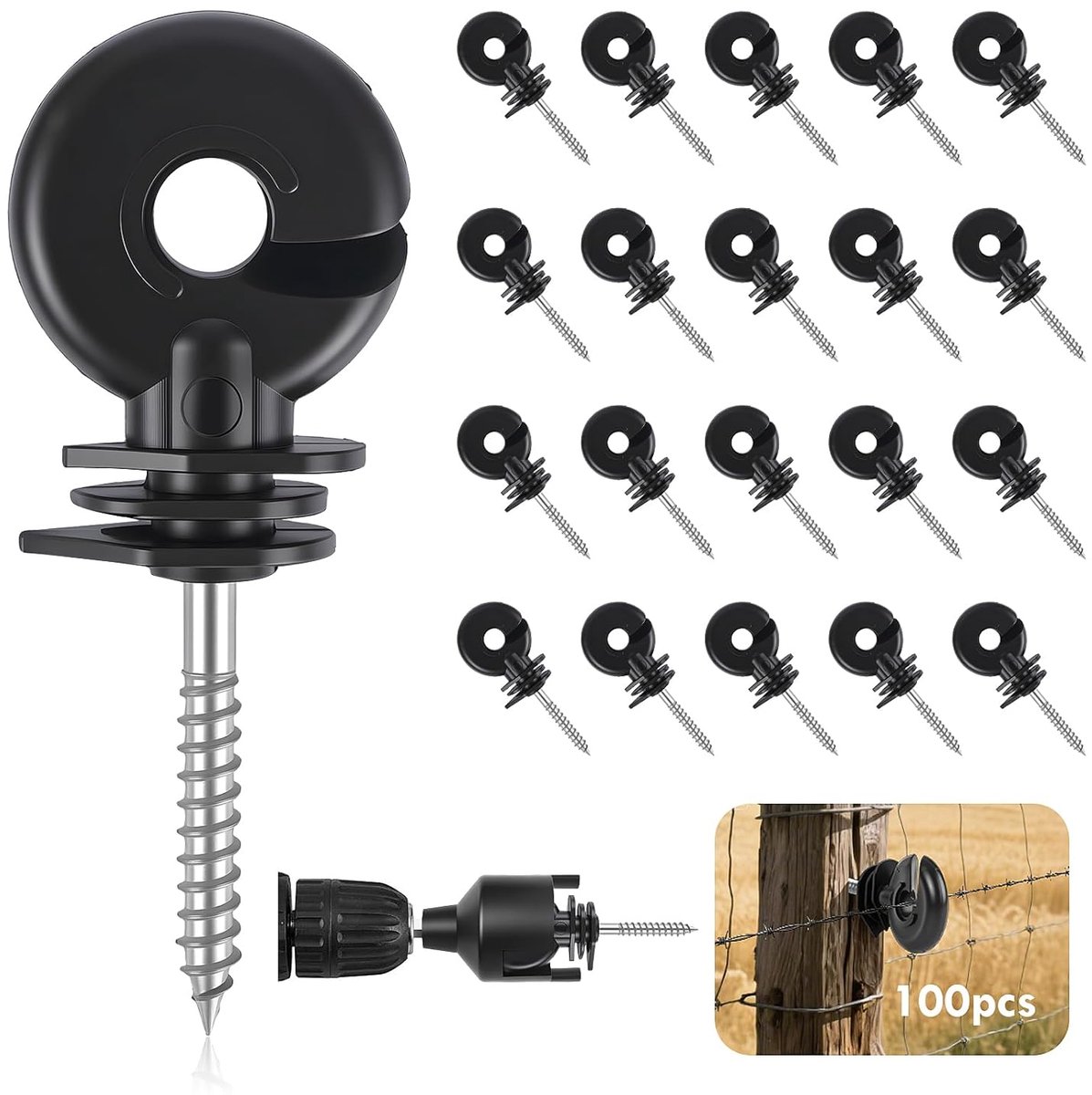 Ringisolatoren elektrozaun isolator, 100 stuks zwarte weidezaun-isolatoren met isolatiesleutels, tussenschotten, schroefisolatoren, elektrozaun-accessoires voor houten palen