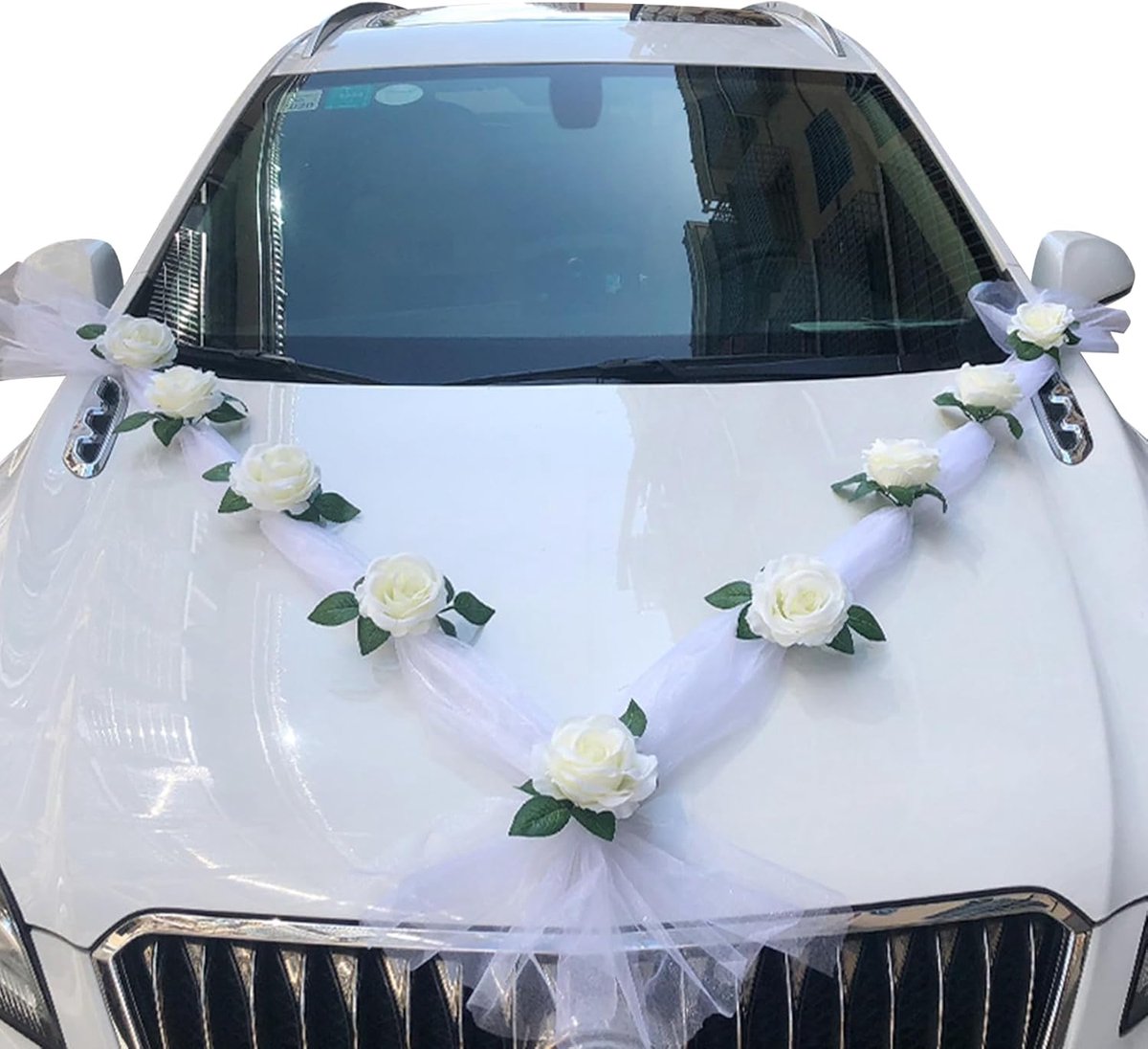 Bruiloft set 9 rozen met zuignappen 2 witte organza linten Ideaal voor de bruiloftdecoratie van auto's en feestvoertuigen
