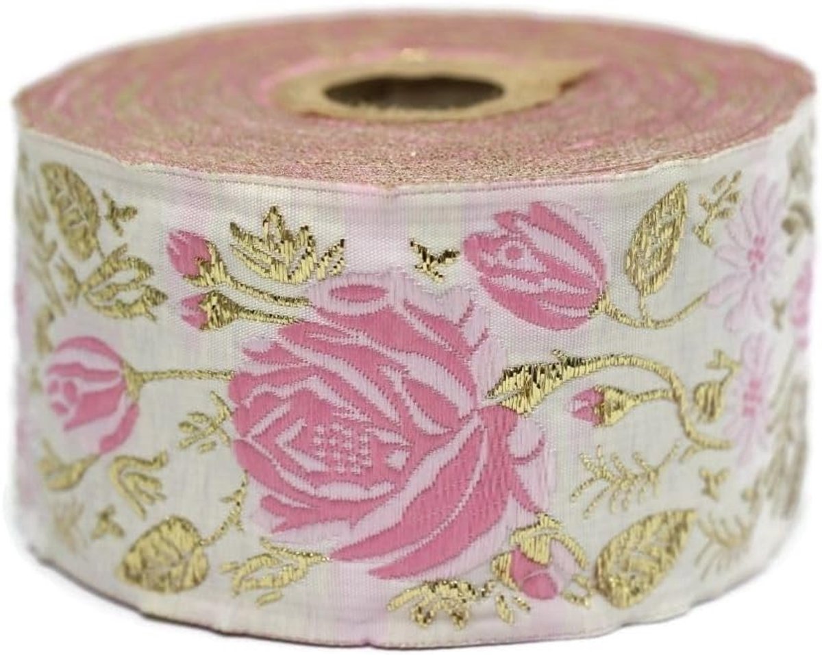 Jacquard-lint, geweven, lichtroze en metallic goud, roze, 10 m x 50 mm, rol borduurband voor naaien, decoratie 50089-V5