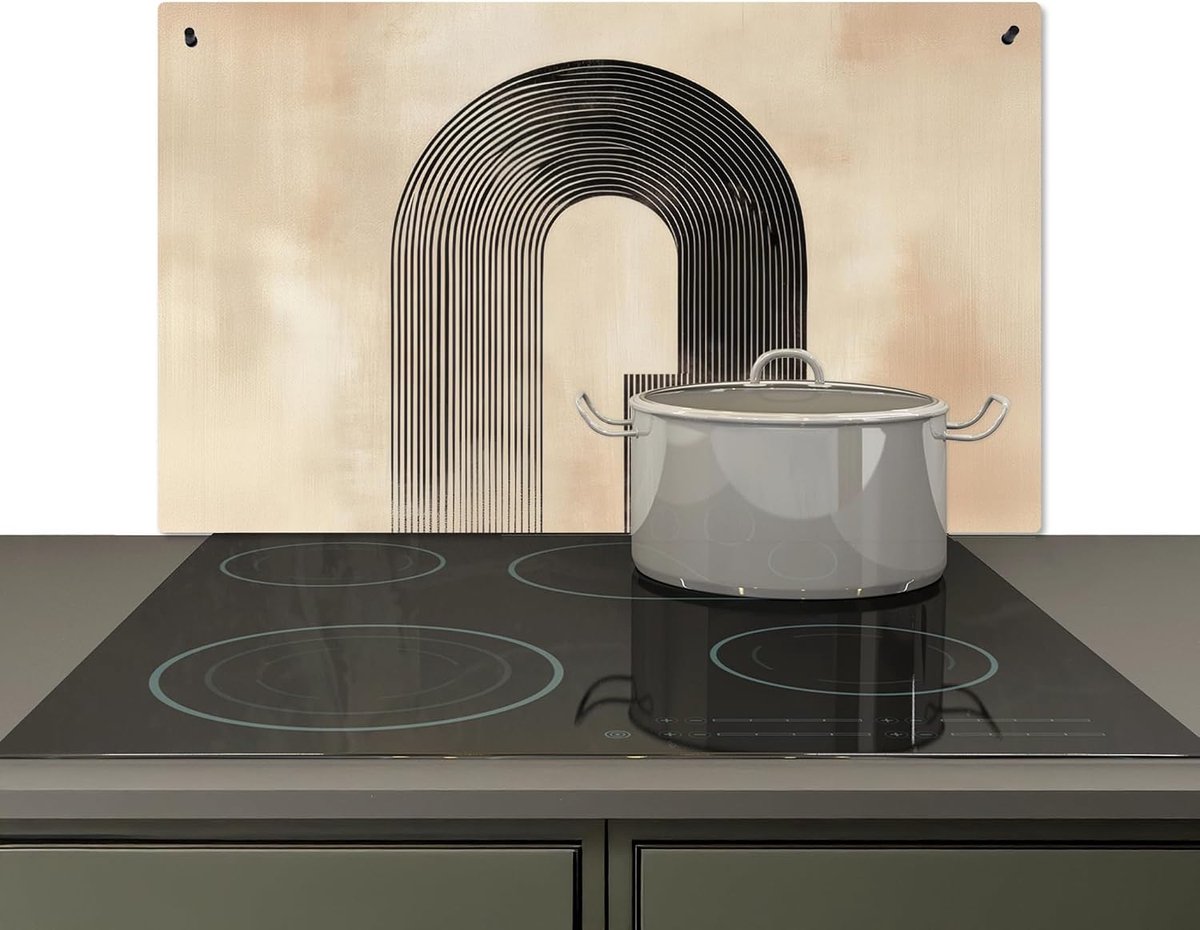 Spatscherm Keuken 51.5x83 cm Kookplaat Achterwand Beschermer Muur Spatwand Fornuis Aluminium Hittebestendig - Boog - Strepen - Minimalistisch - Zwart