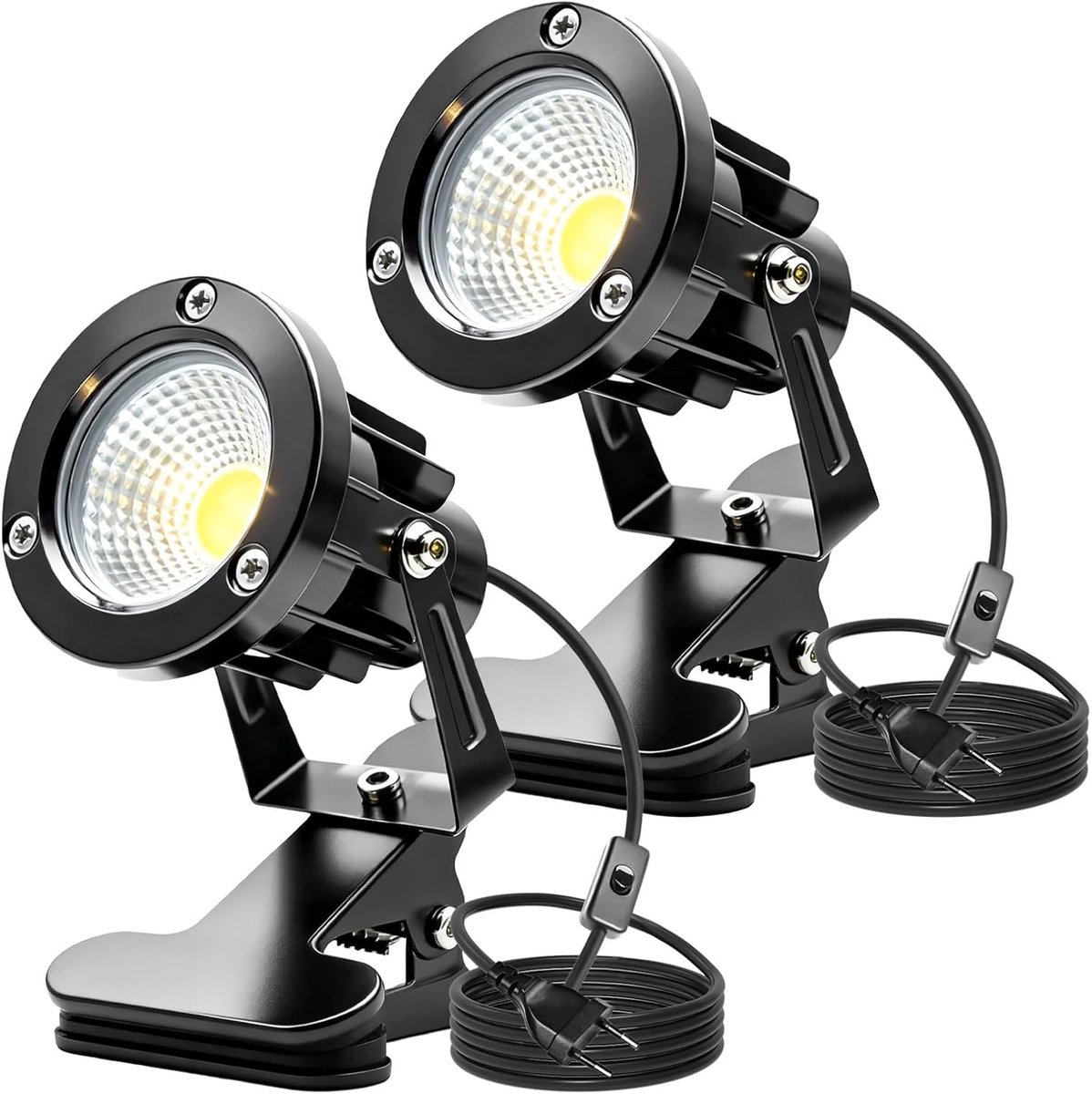 2 led-spots, klemspots met stekker en schakelaar, IP65 waterdichte plantenspot voor binnen en buiten, 10 W led-klemspot met 1,5 m kabelstekker voor buiten, binnen/gazon (warmwit)