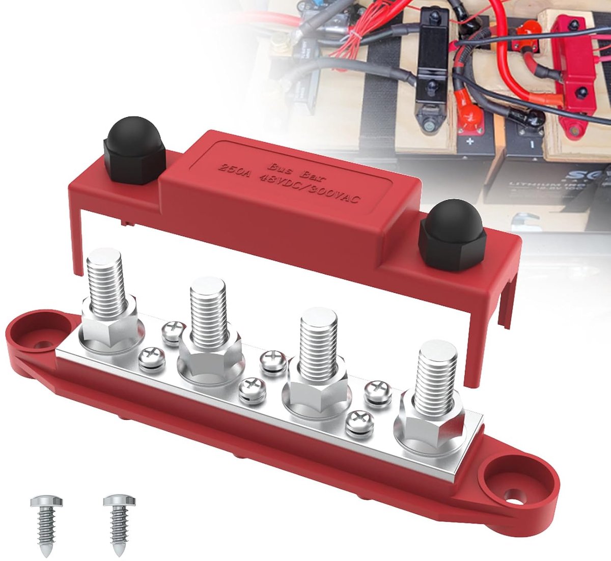 versie bus Bar 250A 12V stroomverdelingsblok met 3/8 inch (M10) 4-post klemmenblok met afdekking voor auto's, marine, batterijsysteem (rood)