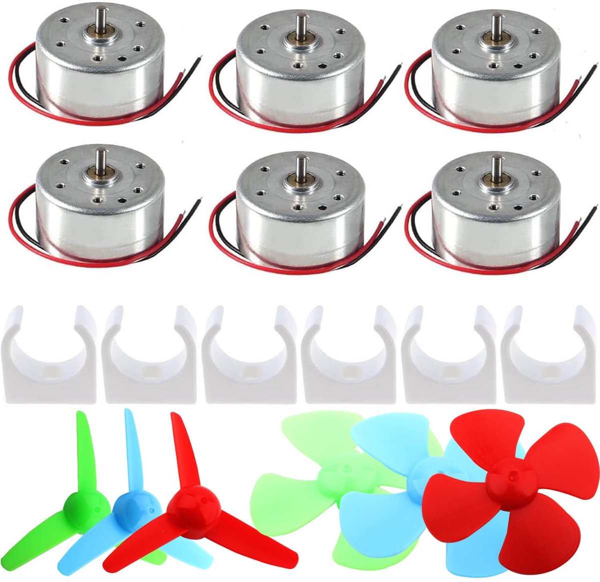 6 stuks mini-elektromotor DC 1,5 V-3 V-4,5 V-6 V -9 V met mini-ventilator en kunststof motorhouder, 6500 omw/min voor experimenten van de educatieve fysica om zelf te maken
