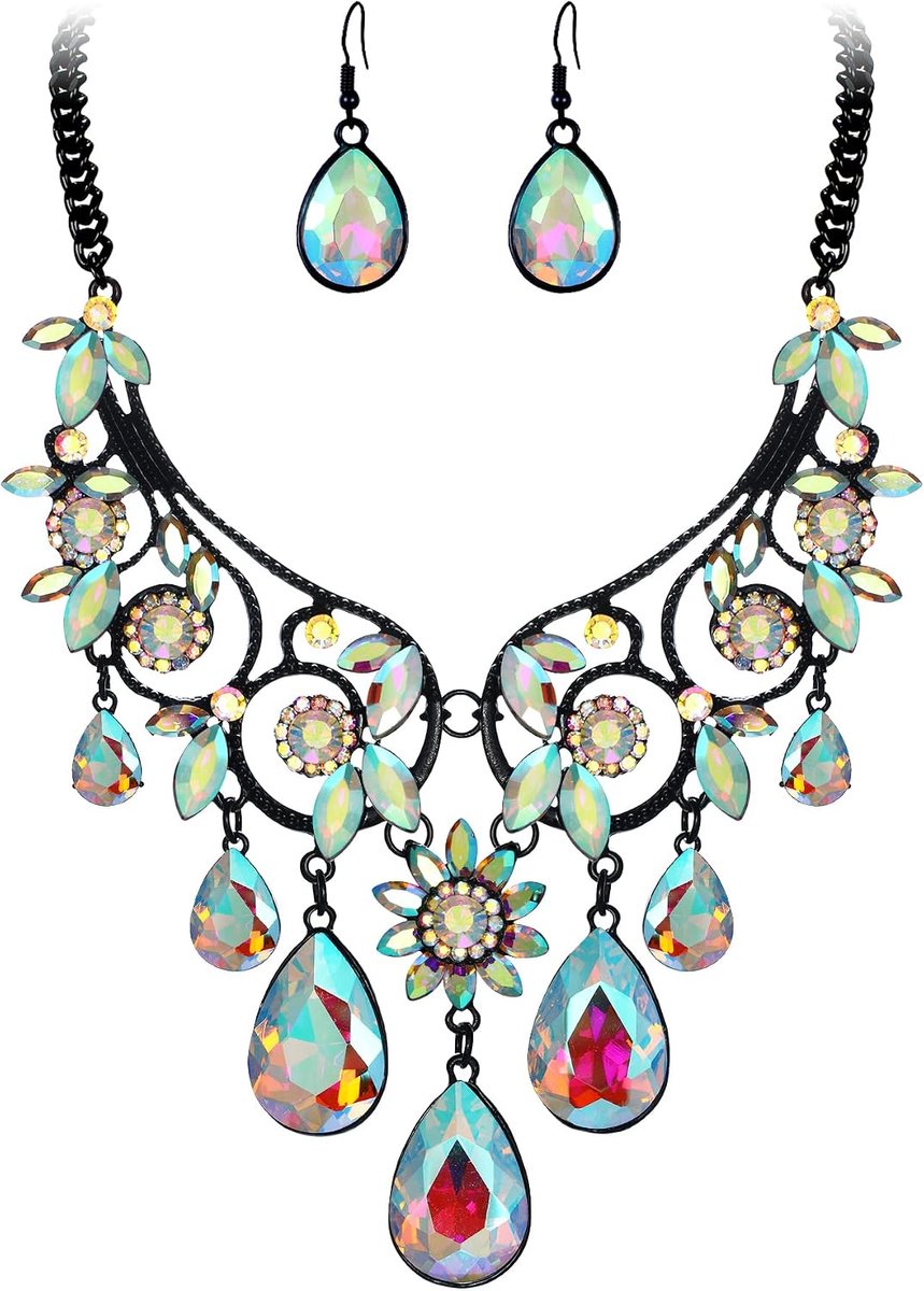 Sieradenset voor dames, tribal, etnisch kristal, chunky statement, halsketting, hangende oorbellen