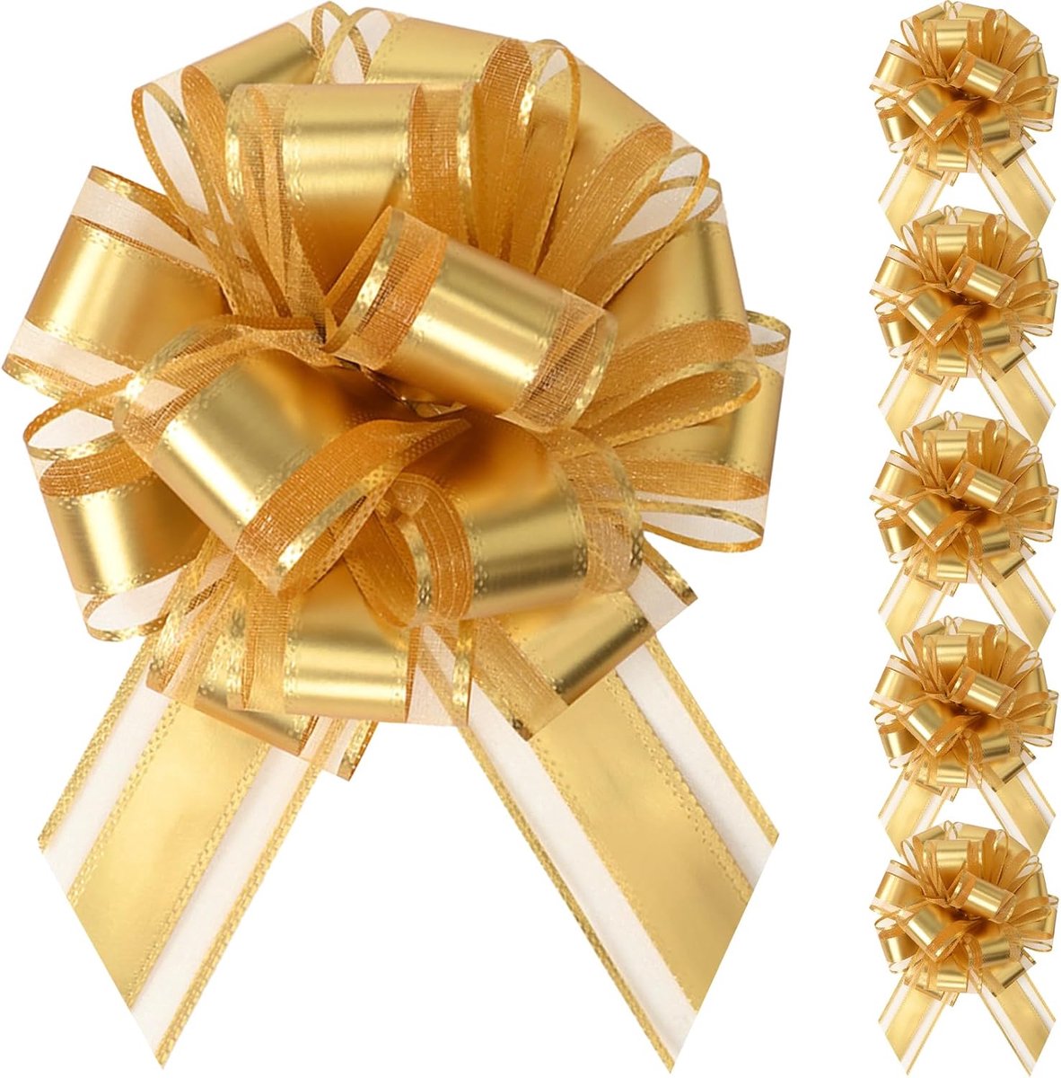 Poeland 6 Stuks Trek Bogen, 6 Inch Bogen voor Cadeauverpakking, Grote Cadeauboog voor Cadeauverpakking, Feestdecoratie, Bruiloft Auto Lint, Valentijnsdag, Verjaardagsdecoraties (Goud)