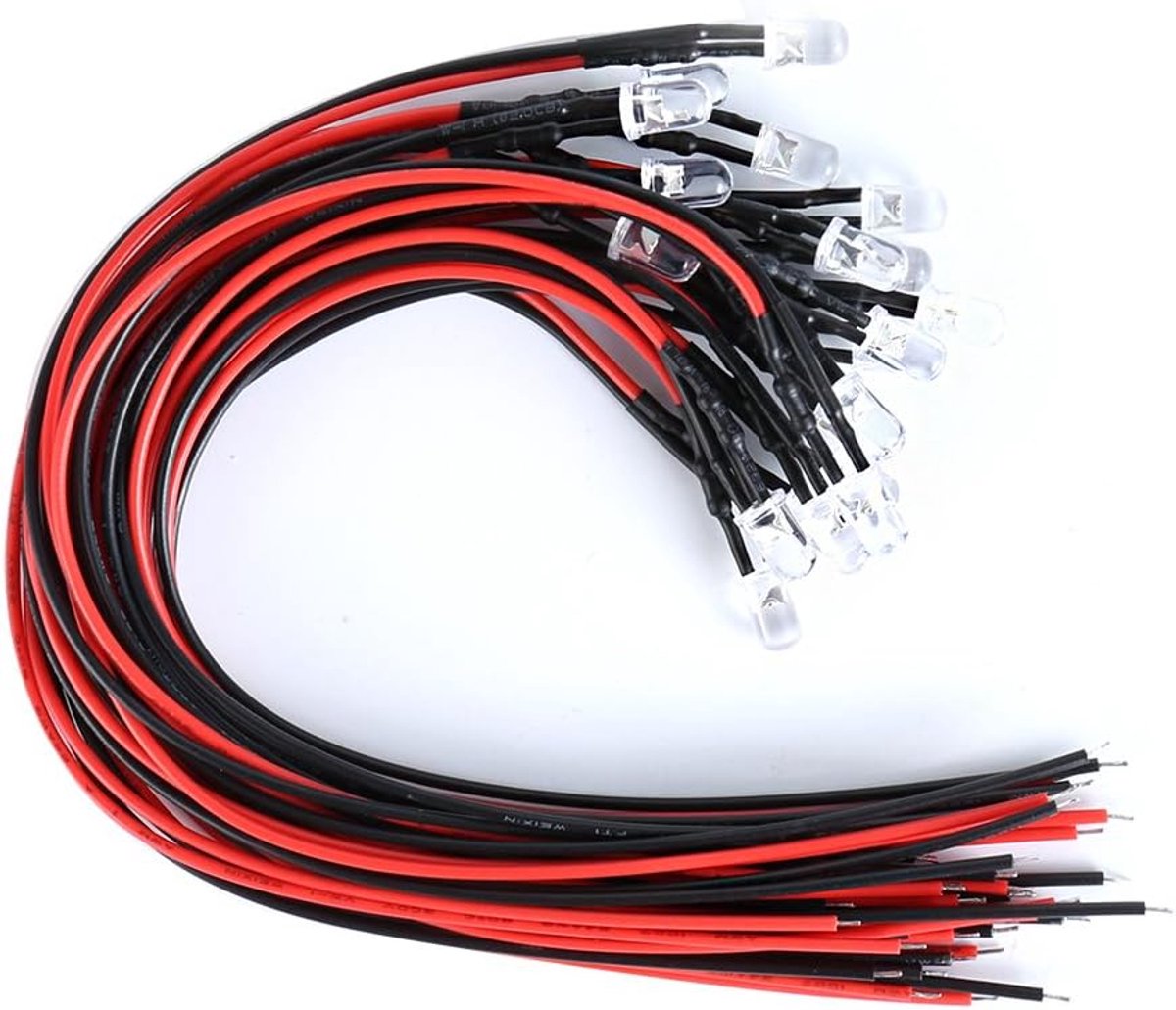 20 x 3 mm leds met 20 cm kabel 12 Volt DC/LED volledig bekabeld (3 mm, wit)