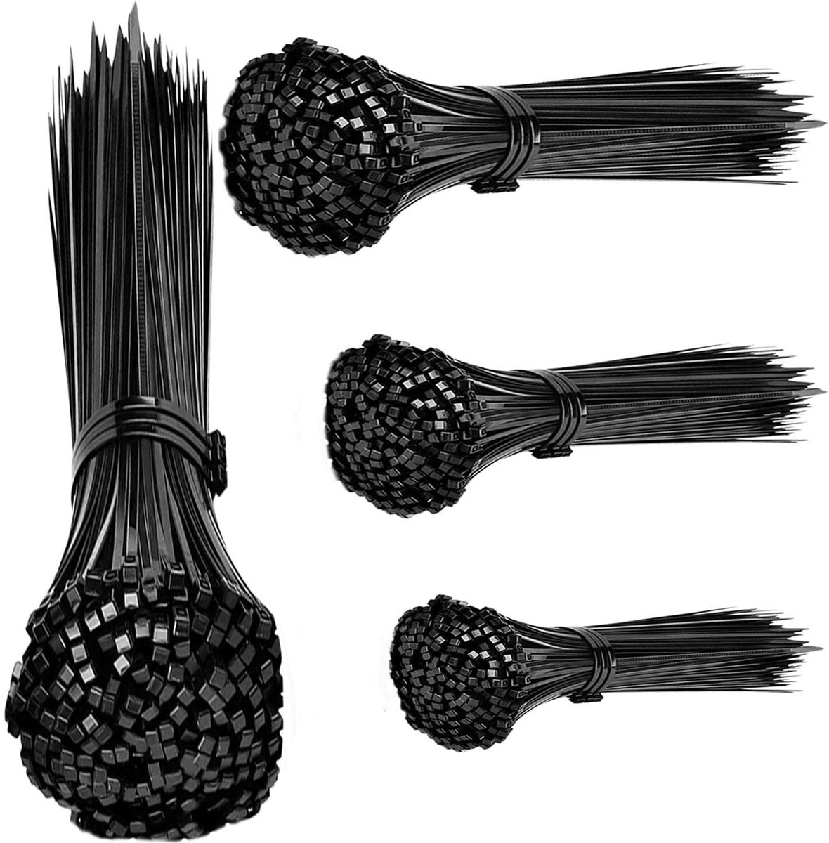 Kabelbinders, zwart, set van 200 stuks, 100/150/200/300 mm, uv-bestendig, zelfborgend voor binnen en buiten, ideaal voor kabelbeheer, tuinieren, huishouden, werkplaats, garage
