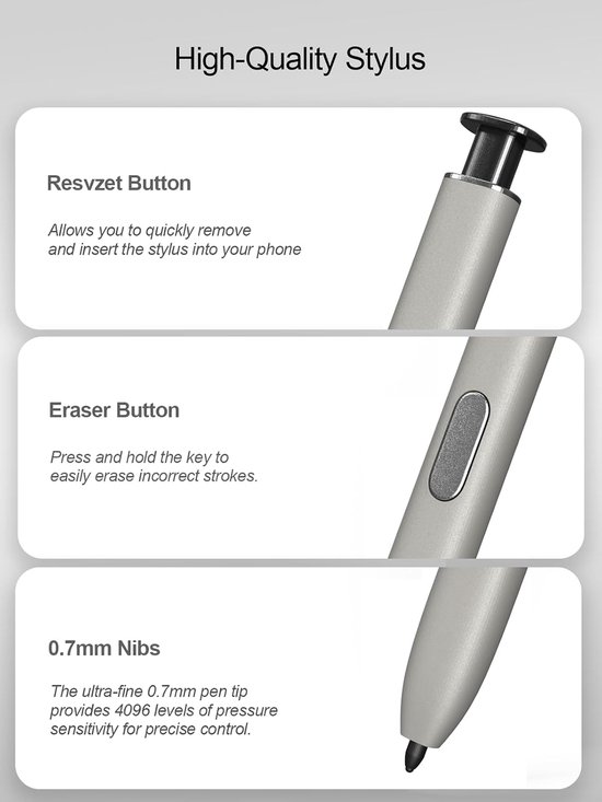 Stylus Pen voor Samsung Galaxy S25 Ultra 5G, S25 Ultra S Pen Vervangingsset met 4096 Drukgevoeligheid, Zonder Bluetooth, Zwart — afbeelding 3