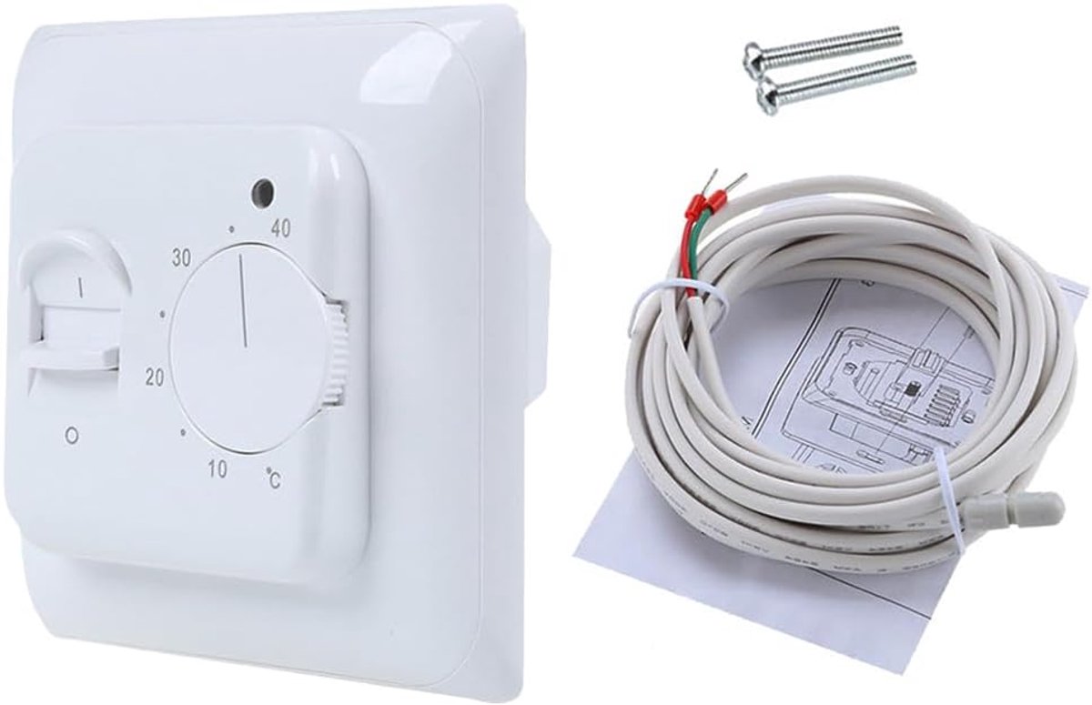 Vloerverwarming, elektrische regelaar met sensor, 230 V, 16 A, mechanische thermostaat, vloerverwarming, elektrische vloerverwarmingsregelaar, inbouw, temperatuurregelaar voor
