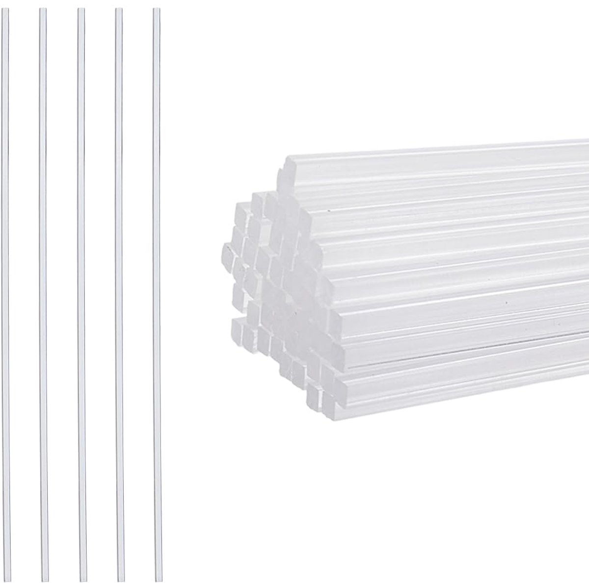 60 stuks transparante vierkante staven van acryl, 25 x 0,3 x 0,3 cm, vierkante staven, assortiment, set, solide staaf, doe-het-zelf, modelbouw, voor taarttoppers, doe-het-zelf