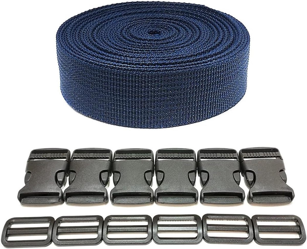 3 m x 25 mm + 12 kunststof gespen, nylon band met drukknopen, rugzakriem, bagageriem, kofferriem (25 mm, blauw 330)