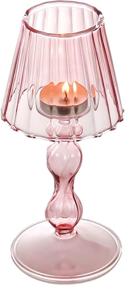 Kandelaar houder, kaarsenhouder bureaulamp gevormd, glazen theelicht kandelaar voor thuis, eettafel, kantoor, bureau, feestdecoratie, kaarsenhouder (roze)