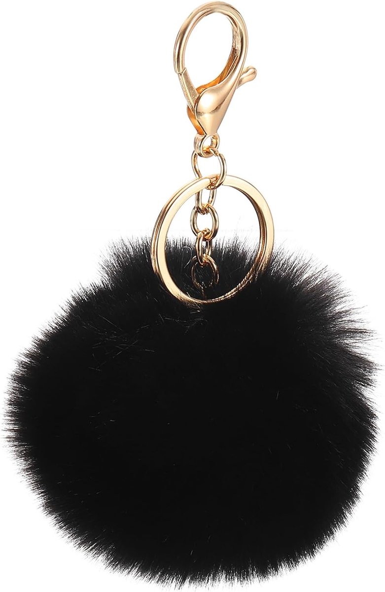 Pom Pom sleutelhanger, 8 cm pompon van imitatiebont, zachte en schattige pluche bal voor handtas dames, rugzak, hanger bedel (zwart)