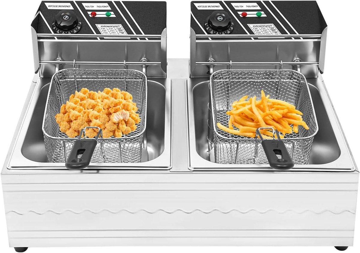 Elektrische Friteuse - Dubbele Frituurpan - Professioneel Frituren - Snelle Opwarming - 12 Liter Inhoud - Zilver