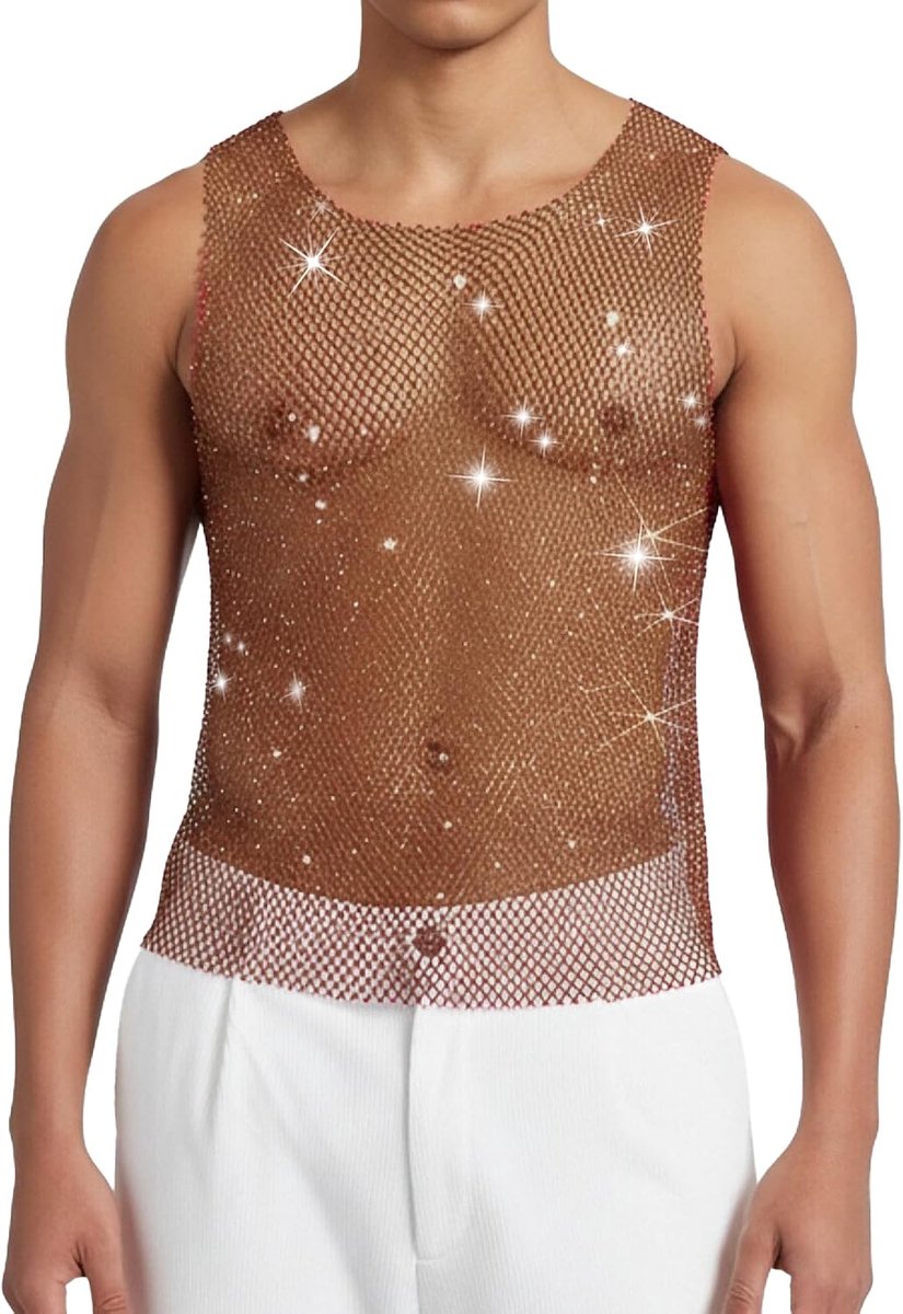 Glitter-tanktop voor heren, transparant bovenstuk, tanktop, glanzend, disco, party, mouwloos spiershirt, pailletten, clubwear, spieren, tanktop voor mannen