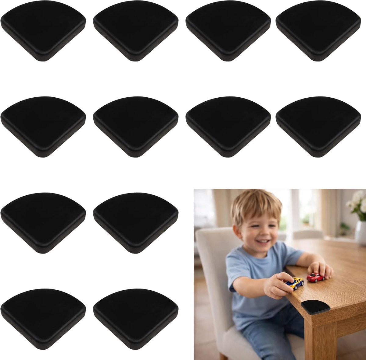 Set van 12 hoekbeschermers, tafelrandbescherming, hoeken en bedrandbescherming, universele hoekbescherming van siliconen, randbescherming rubber, kleur zwart, 14 x 5 x 8 cm, voor meubels