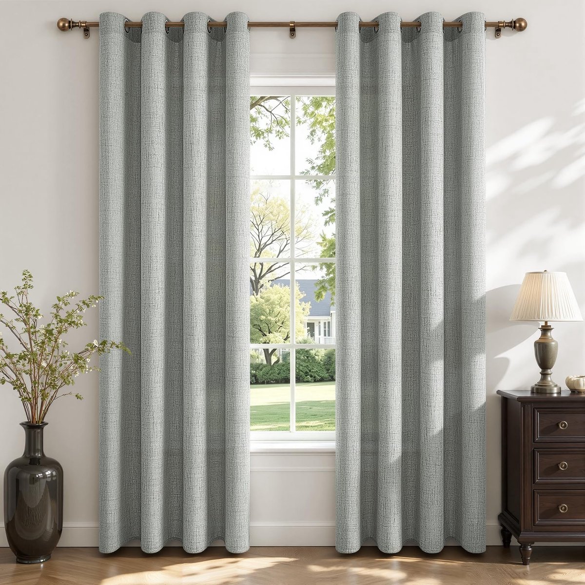 Gordijnen 140 x 240 cm - Natuurlijk linnen - Grijsgroen met ringen - Ideaal voor slaapkamer en woonkamer - SnelShoppen