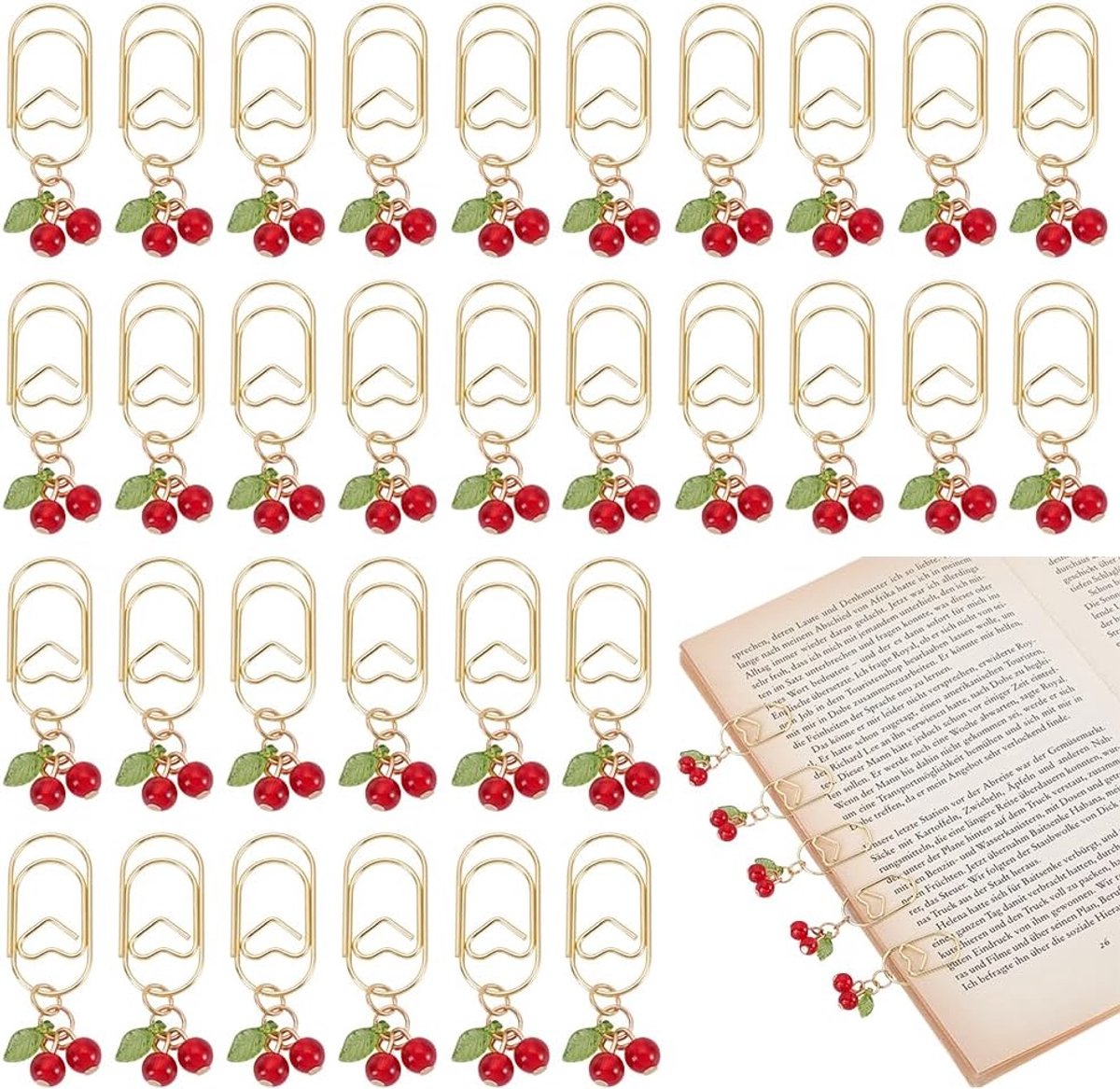 PandaHall 32 STKS Cherry Paperclips Gouden Bladwijzer Klem met Lampwork Cherry Hangers Fruit Kralen Planner Markers Terug naar School Paperclips voor Lezen Leraar Papier Document Bestand Note