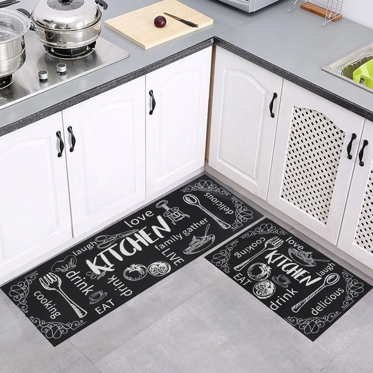 2-delige set, 40 x 60 + 40 x 120 cm, zwart, modern geometrisch patroon, waterdicht, antislip, machinewasbaar, keuken, bar, kantoor, wasruimte, entree, hal, gebieden met veel
