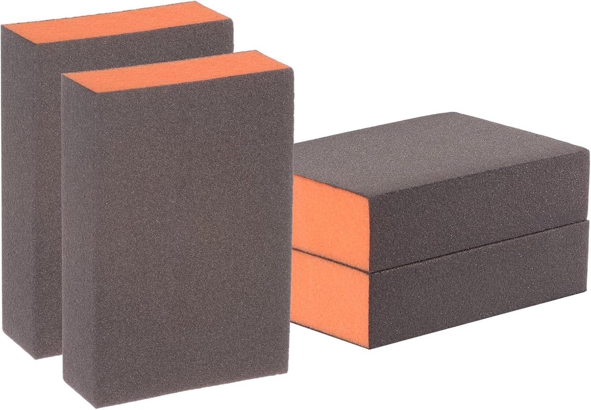 4 stuks schuursponsblok korrel 2000-2500 blok 100 x 70 x 25 mm, bruin en oranje