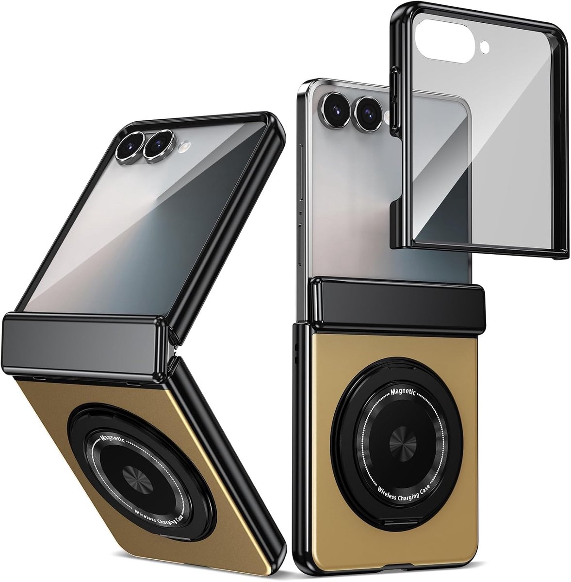 Opvouwbaar telefoonhoesje voor Samsung Galaxy Z Flip 7, Kickstand 360° draaibare standaard met scharnierbescherming & schermbeschermer aan de voorkant (Goud)
