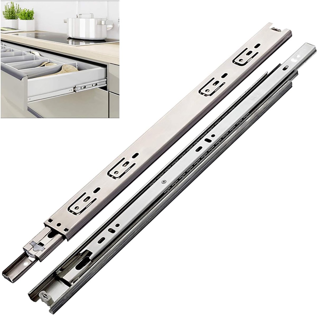 2x Heavy Duty Ladegeleider Met Soft Close, Mute Kabinet Telescopische Geleiders, Kabinet Ladegeleider Kogellagerrails/Hardware 3 Secties/Zijmontage, 25~50cm