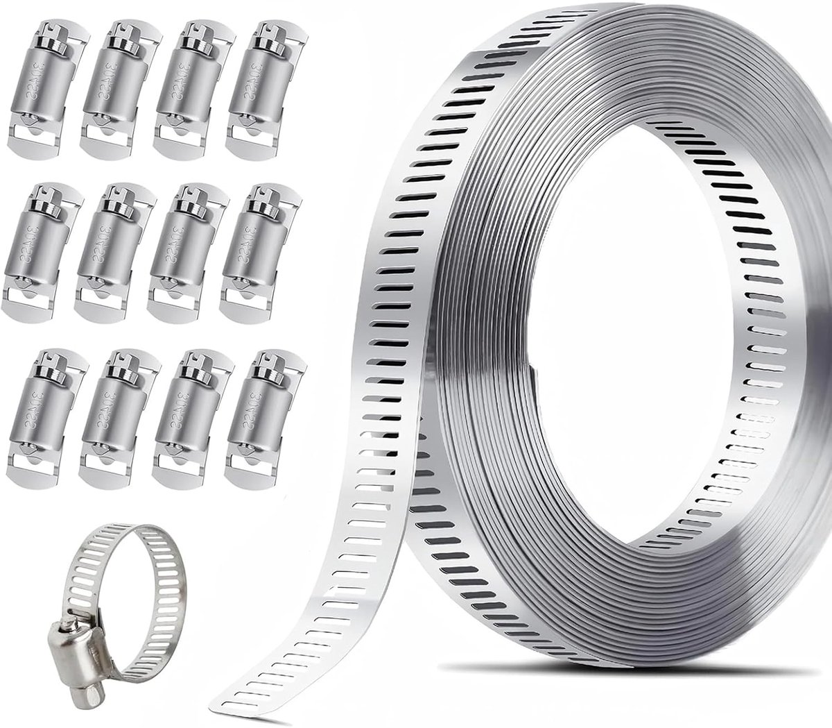 5 meter, roestvrij staal, met 12 buisklemmen, instelbare slangklemmen, eindeloos 304 roestvrij staal, slangklemmen voor waterleiding, tank/gasbuis, koeler, hardware-bankschroef